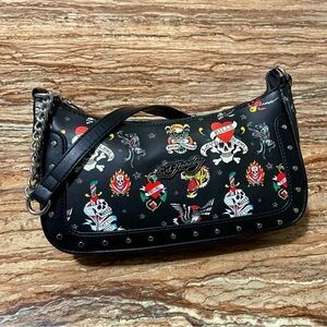 Ed Hardy Black Shoulder Bag with Colorful Tattoo Art